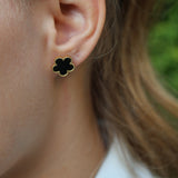 Ohrringe Kleeblatt schwarz, vergoldet